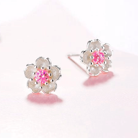 Pink Cherry Stone Silver Blossom Stud Earrings