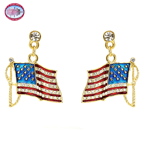 US Flag Enamel Dangle Earrings with Clear Crystals
